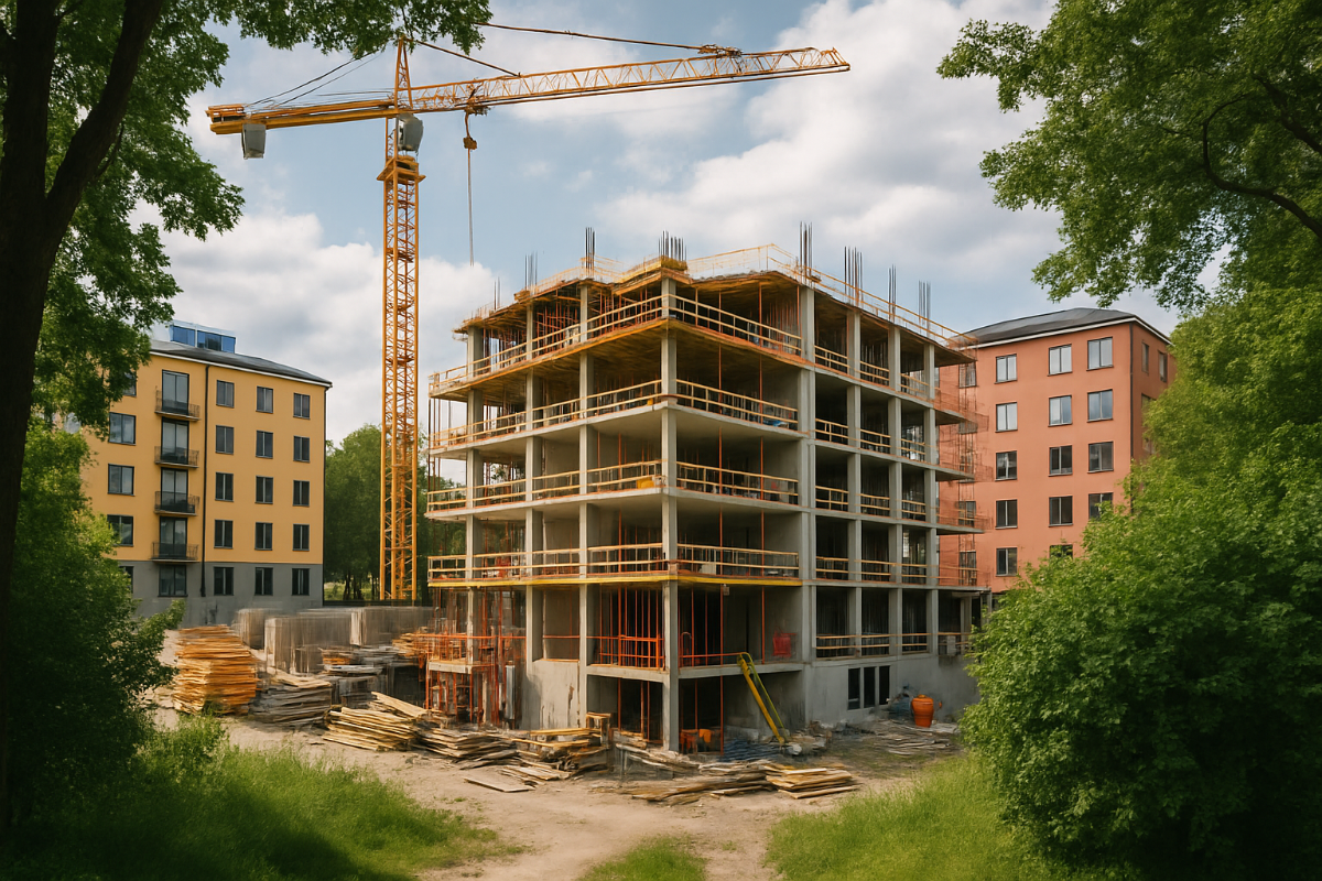 AI-genererad bild över ett fastighetshus under byggnation